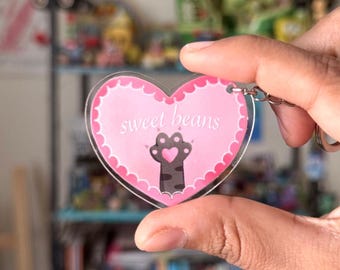 Heart Shaped Cat Paw Keychain, Acrylic UV-DTF Sticker Accessory