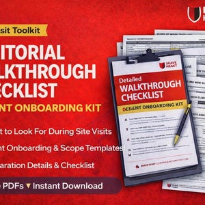 Peut inclure: Fond rouge avec un graphique "Site Visit Toolkit". L'image présente une "Janitorial Walkthrough Checklist" et un "Client Onboarding Kit". Un presse-papiers avec une liste de contrôle et un stylo est à droite. Le texte comprend "What to Look For During Site Visits."