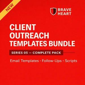 Könnte beinhalten: Rote Grafik mit weißem Text, der „CLIENT OUTREACH TEMPLATES BUNDLE“ lautet. Der Text „SERIES 05 - COMPLETE PACK“ steht unter dem Titel. Die Grafik enthält auch die Wörter „Email Templates • Follow-Ups • Scripts“.