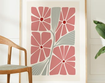 Scandinavian Floral Print, Nordic Folk Wall Art, Pink Geometric Botanical Poster