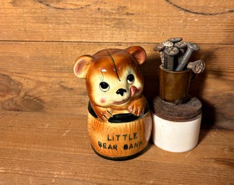 Vintage Ceramic Little Bear Coin Bank • 1960s Nursery Decor
