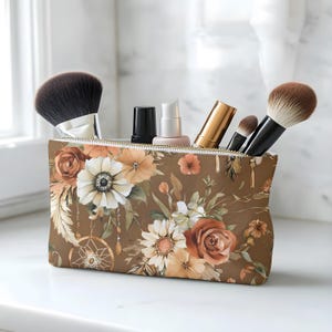 Vintage Wildflower Accessory Pouch, Makeup Bag, Floral Travel Case, Zipper Cosmetic Organizer, Cute Gift for Her, Boho Style Gift