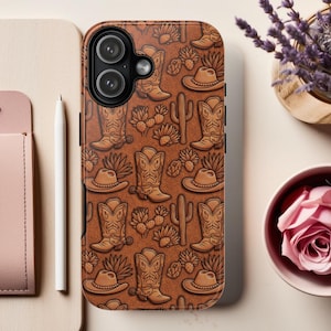 Faux Leather Cactus and Cowboy Boot Phone Case | Embossed Western Cowgirl Design | Leather Look iPhone & Samsung Cases