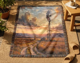 Western Sunset Woven Blanket, 100% Cotton Southwestern Tapestry, Rustic Farmhouse Throw with Fringe