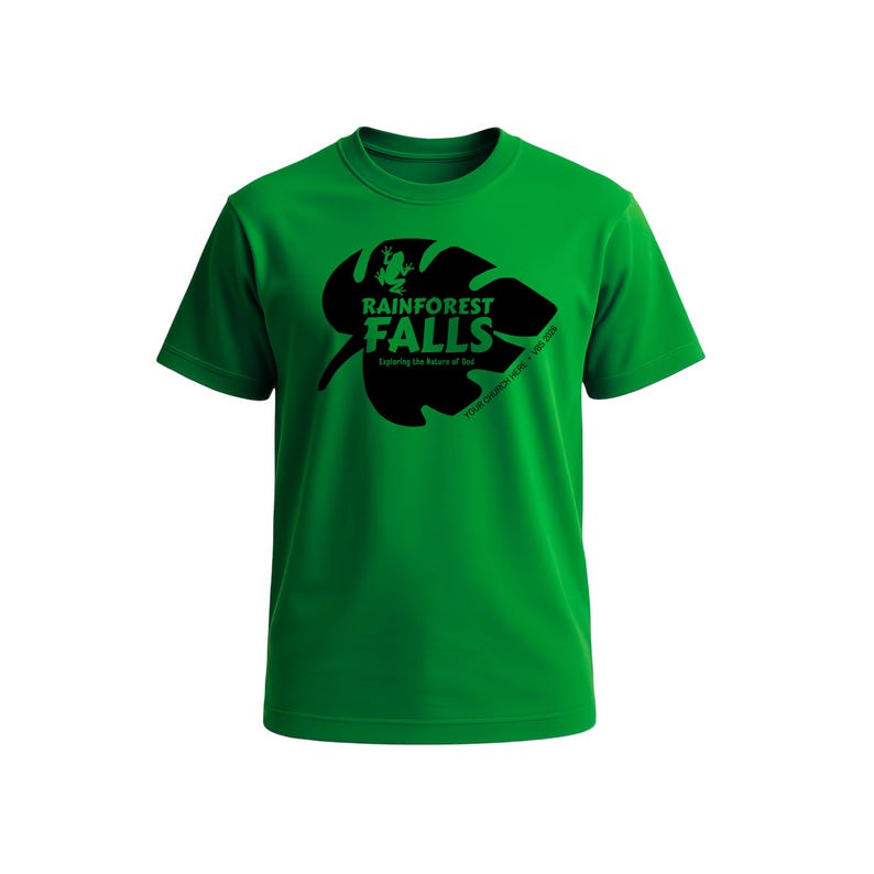 May include: A bright green t-shirt featuring a black graphic of a leaf with a frog and the words "Rainforest Falls" and "Exploring the Future of God". The text "YOUR CHURCH HERE - VBS 2024" is also included.