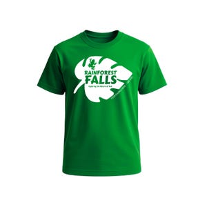 May include: A bright green t-shirt featuring a white graphic of a leaf with a frog and the words "Rainforest Falls" and "Exploring the Nature of God". The shirt also has the text "Your Church Here - VBS 2020".