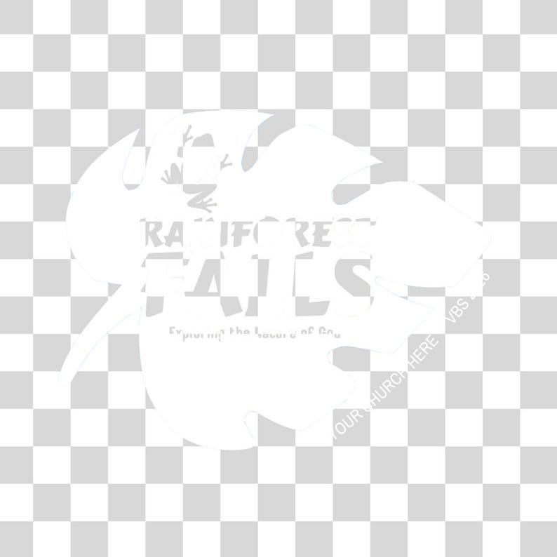 May include: White graphic design on a leaf shape. The text reads "Rainforest Falls" with additional text below. A frog is visible in the design. The words "Our Church Here" and "VBS 2020" are also visible.