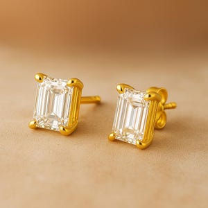 IGI Certified Lab Grown Emerald Cut Diamond Stud Earrings | 14K Gold | 1–6 Carat Total | Push Back | Ethical Fine Jewelry