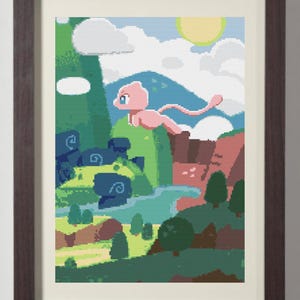 May include: Framed cross-stitch art featuring a pink cartoon creature flying over a pixelated landscape. The scene includes green hills, blue mountains, a yellow sun, and a blue sky with white clouds. The frame is dark brown.