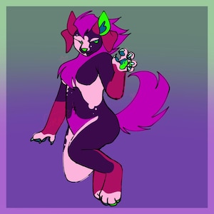 May include: A digital illustration of a stylized anthropomorphic canine character. The character features a color palette of purple, pink, and white, with green accents. The character is posed with one paw raised, set against a gradient background.