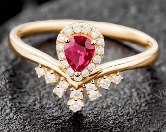 Pear Natural Ruby Engagement Ring Solid Gold Diamond Halo Wedding Ring, Vintage Anniversary Birthstone Ring for Women