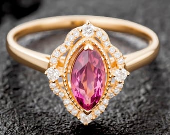 Marquise Natural Pink Tourmaline Engagement Ring, Diamond Halo Vintage Bridal Ring,  14K Gold Wedding Ring, Personalized Birthstone Ring