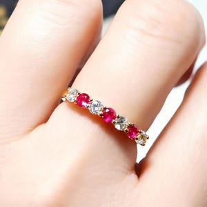 14K Yellow Gold Round Ruby and Moissanite Half Eternity Engagement Ring, Vintage Wedding Promise Ring Custom Wedding Band for Her