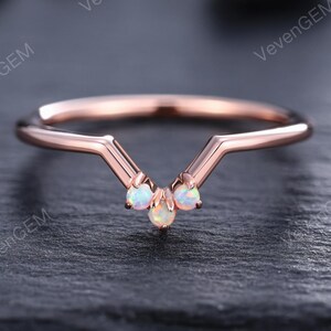 14k Rose Gold Opal Chevron Stacking Ring Dainty V Shaped Opal Wedding Band, Minimalist Stackable Ring Bridal Anniversary Gift for Her