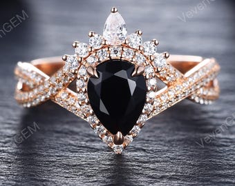 Pear Shaped Black Onyx Engagement Ring, 14K Solid Rose Gold Wedding Ring, Lab Diamond Accent Vintage  Stackable Ring, Gold Ring for Women