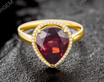 3.56 Pear Carat Natural Garnet Engagement Ring, Solid Yellow Gold Wedding Ring, Anniversary Promise Ring, Personalized Birthstone Ring