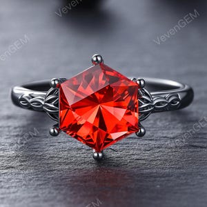 Hexagon Cut Lab Ruby Engagement Ring in 10K Solid Gold, Vintage Art Deco Solitaire Wedding Ring, Gothic Promise Gold Rings for Women