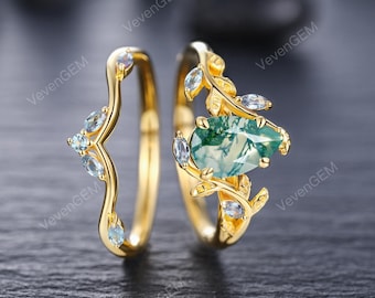 Vintage Pear Moss Agate Engagement Ring Set Art Deco Wedding Ring Nature Inspired Leaf Bridal Ring Set 14K Yellow Gold Fine Ring for Women
