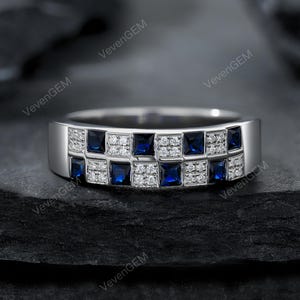 10K massief witgouden ring met mozaïek van laboratoriumsaffieren en diamanten, trouwringen voor hem en haar, beloftesring voor een jubileum met gratis gravure