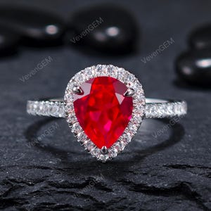 2.16 CT Vintage Pear Shape Ruby Engagement Ring, 10K Solid Gold Lab Grown Diamond Halo, Romantic Bridal Ring, Birthstone Ring for Her