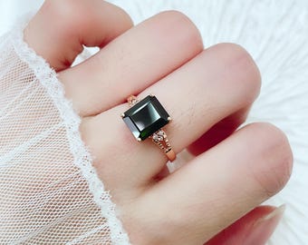 Deep Green Natural Tourmaline Engagement Ring Vintage Cluster Wedding Ring  Birthstone Statement Ring 14K Rose Gold Personalized Ring Gift
