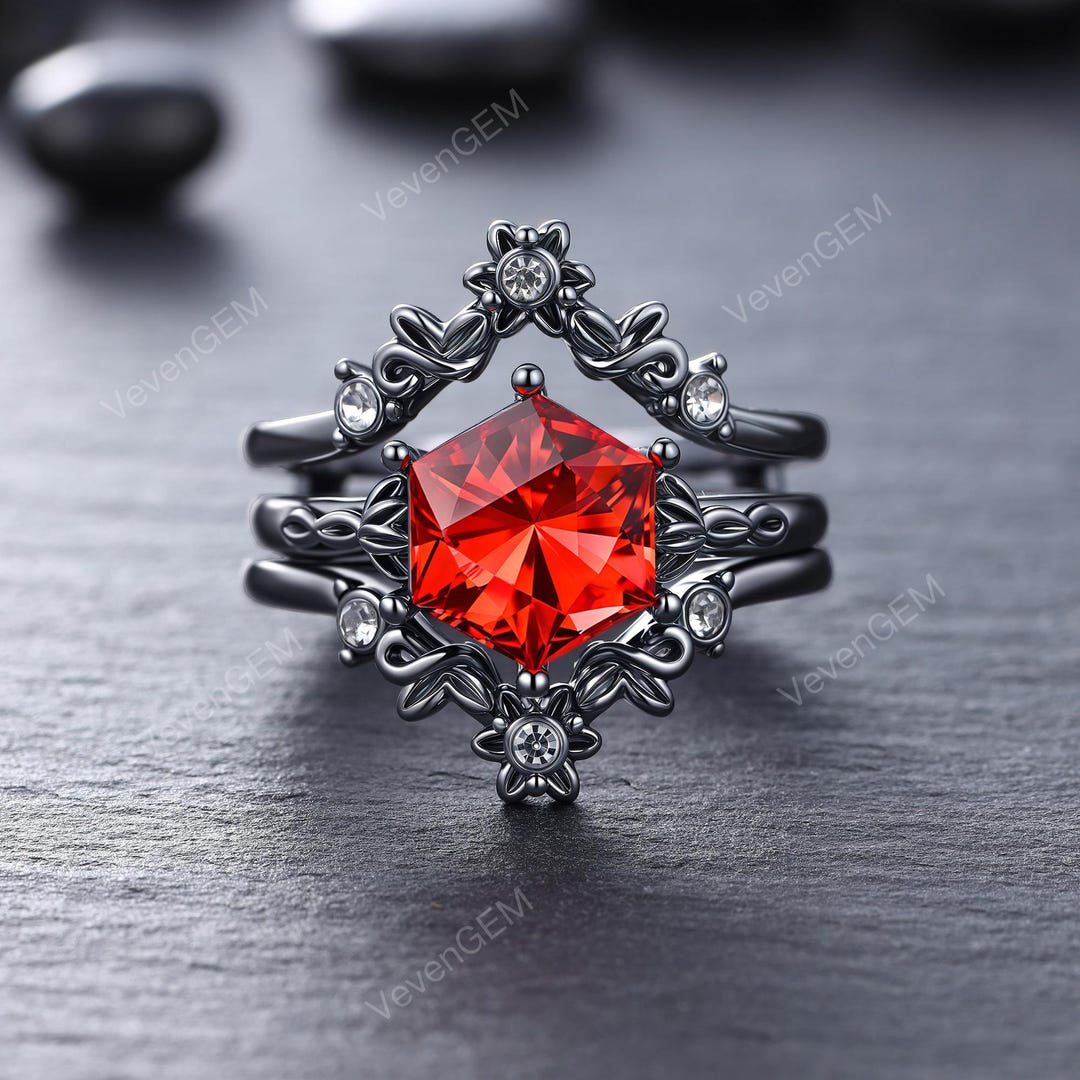 Hexagon Cut Lab Ruby Engagement Ring in 10K Solid Black Gold, Vintage ...