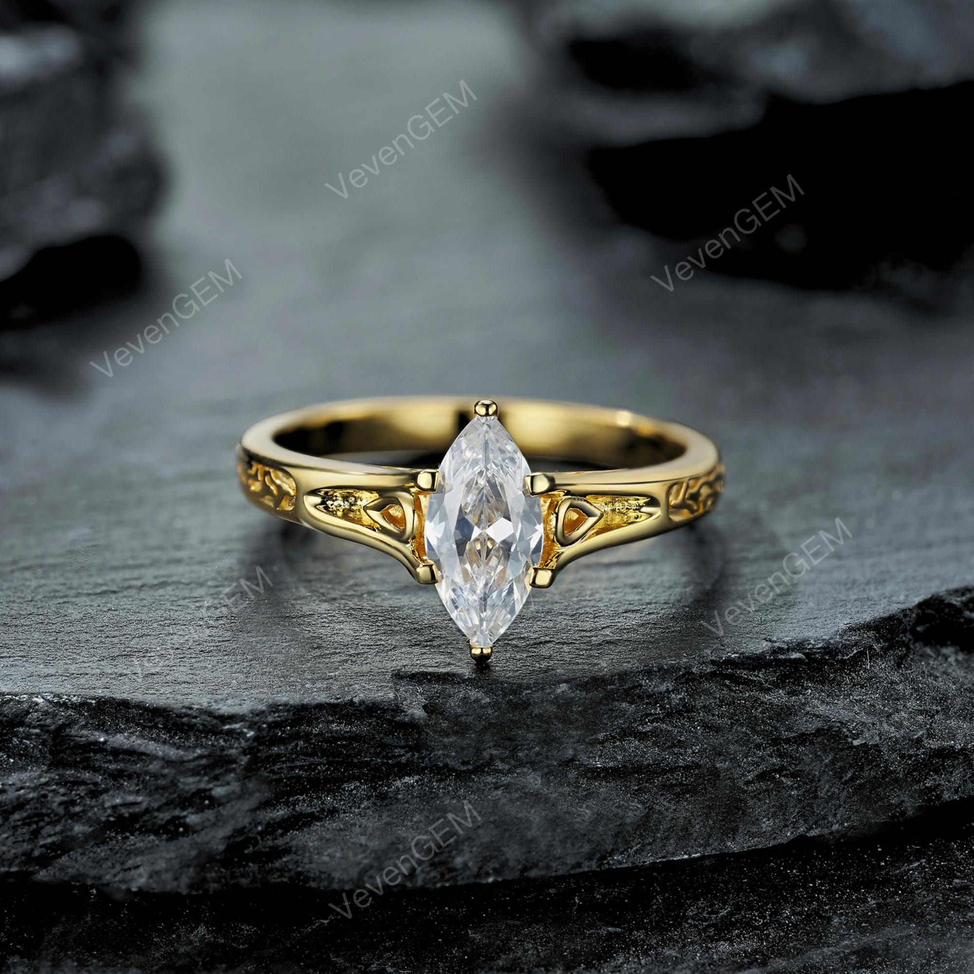 14K Solid Gold Marquise Moissanite Engagement Ring, Art Deco