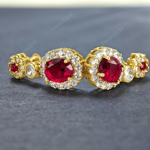 Lab Grown Ruby Drop Earrings, Halo Moissanite Earrings 14K Gold Ruby Earrings Vintage Inspired Earrings Custom Bridal Jewelry Gift for Her