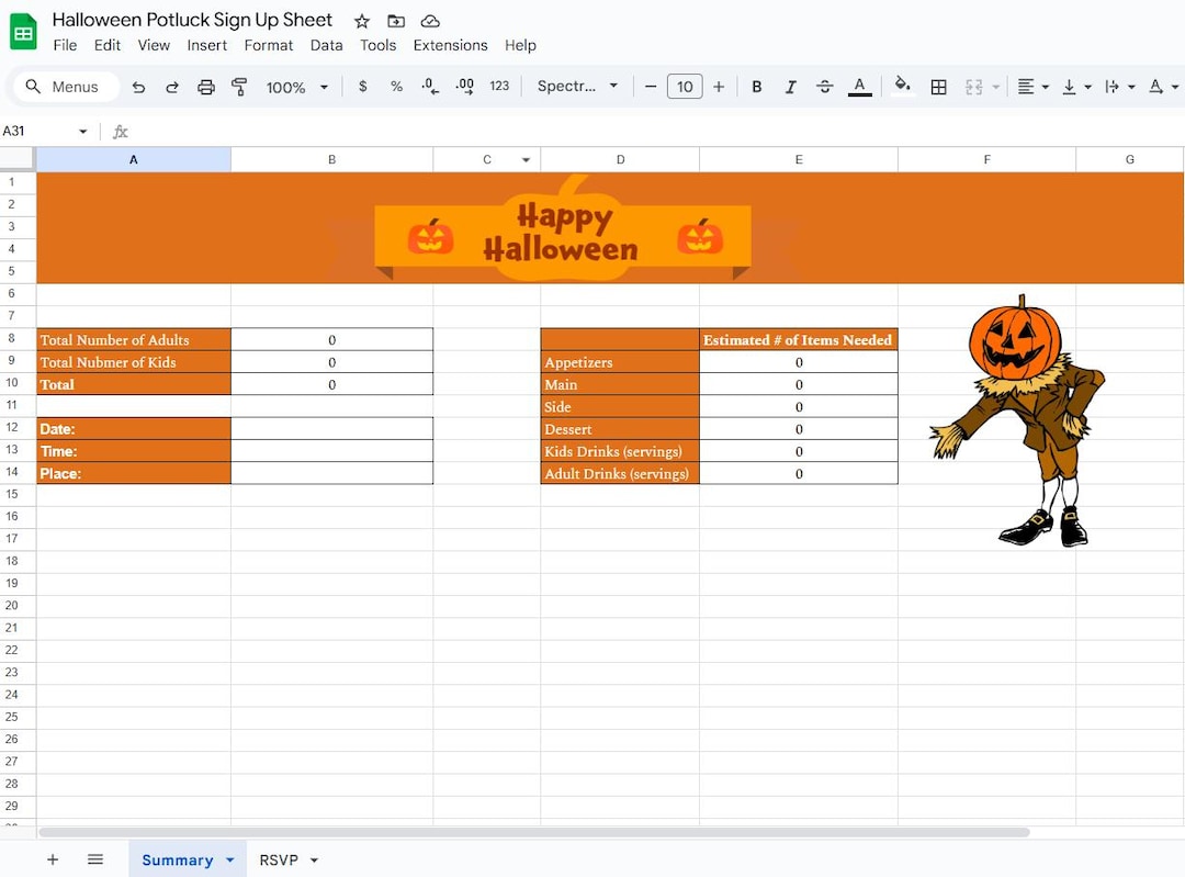 Halloween Potluck Sign-up Spreadsheet: Editable Google Sheet Planner ...