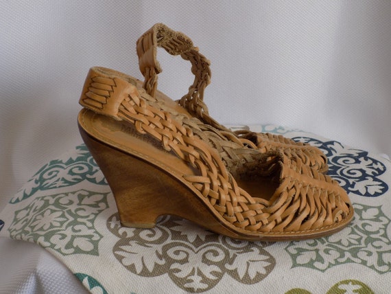 Vintage Tan Leather Huarache Wedge Sandals by Mich