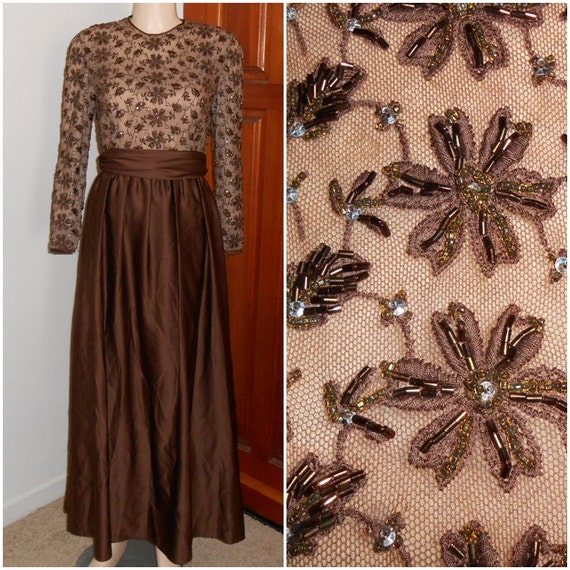 Vintage Formal Brown Beaded Floor Length Dress