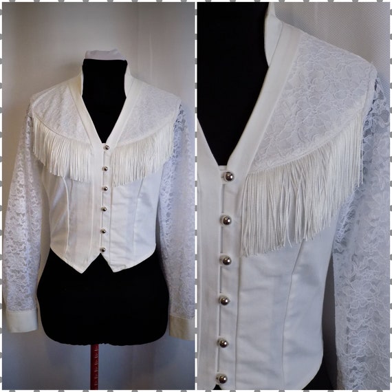 Vintage Western Cowgirl Fringed White Denim and La