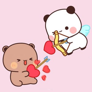 Peut inclure: Illustration de dessin animé sur fond rose. Un ours brun tient un cœur percé d'une flèche. Un panda blanc avec des ailes d'ange vise l'ours avec un arc et une flèche. Des cœurs éparpillés complètent la scène.