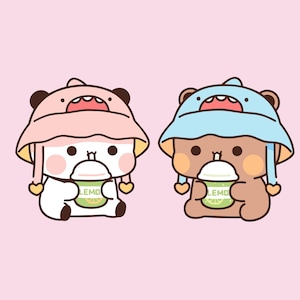 May include: Two cartoon characters, a panda and a bear, are depicted on a pink background. The panda is white with black ears and the bear is brown. Both are wearing hats and holding drinks with the word "LEMO" on them.
