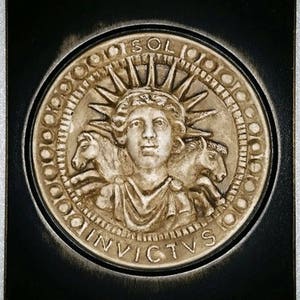 May include: A gold-colored coin with a raised image of a woman with a crown of rays, holding two rams. The coin has the words "SOL" and "INVICTUS" around the edge.