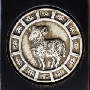 Aries Zodiac Plaque: Cast Stone Medallion in Rustic Wood