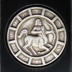 Sagittarius Zodiac Plaque: Cast Stone Medallion in Rustic Wood