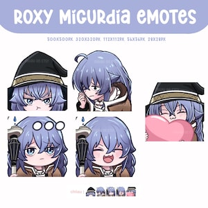 May include: A digital art print featuring a collection of Roxy Migurdia emotes. The emotes showcase a character with blue hair and various expressions, including anger, sadness, and joy. The text "ROXY MIGURDIA EMOTES" is at the top.