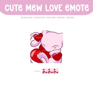 May include: A pink cartoon character, holding a red heart, with the text "CUTE MEW LOVE EMOTE" at the top. The image includes the text "chiiiau :" and several smaller versions of the character.