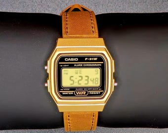 Orologio digitale Casio F91W personalizzato Mod / Bronzo, orologio retrò classico modificato, cinturino in pelle