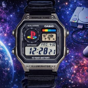 May include: A digital Casio watch with a black strap and silver case. The watch face features the PlayStation logo, a world map, and a digital display showing the time and date. The background includes a PlayStation console, controller, and a space-themed backdrop.