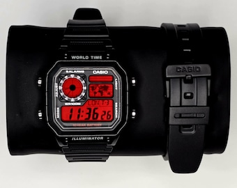 Custom Casio AE1200 Red Screen Digital Watch | Casio Royale Mod | Negative Display AE1200 | World Time Retro Watch | Vintage Casio Modded Wa