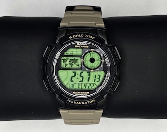 Casio AE1000 Modded Topographic Map Green Modded Watch | World Time Digital | Outdoor Tactical Style | Custom Retro Casio Watch