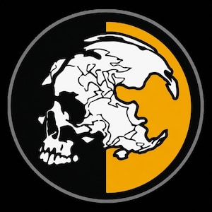 May include: A circular emblem featuring a white stylized skull graphic split across a background of black on the left and yellow on the right. The design is enclosed within a thin gray circular border, creating a high-contrast graphic illustration.