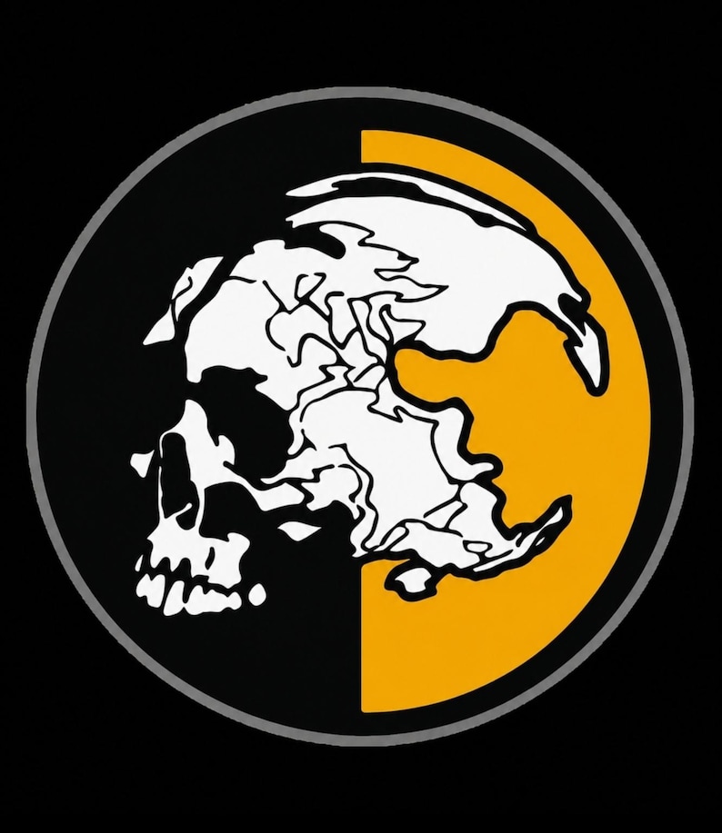 May include: A circular emblem featuring a white stylized skull graphic split across a background of black on the left and yellow on the right. The design is enclosed within a thin gray circular border, creating a high-contrast graphic illustration.