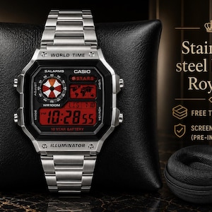 Custom Casio AE1200 “Resident Evil” Mod – | World Time Digital Watch | Themed Retro Watch | Custom Gift for Gamers | Essentials Stainless Steel Band