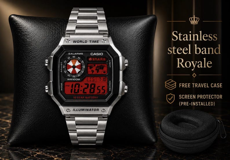 Custom Casio AE1200 “Resident Evil” Mod – | World Time Digital Watch | Themed Retro Watch | Custom Gift for Gamers | Essentials Stainless Steel Band