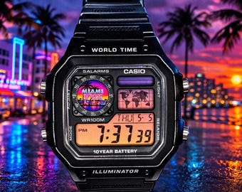 Custom Casio AE1200 “Miami Vice” Mod – Pink & Purple Retro Digital Watch | 80s Neon Aesthetic | World Time Watch | Custom Gift