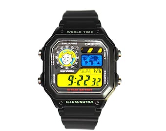 Custom Casio AE1200 “Fallout” Mod – Yellow & Blue Filter | World Time Digital Watch | Themed Retro Watch | Custom Gift for Gamers | Essentia