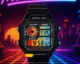 Custom Casio AE1200 Retro Arcade Mod Watch | Neon Synthwave Colors | World Time Digital Watch | Gamer Gift | Custom Casio Royale